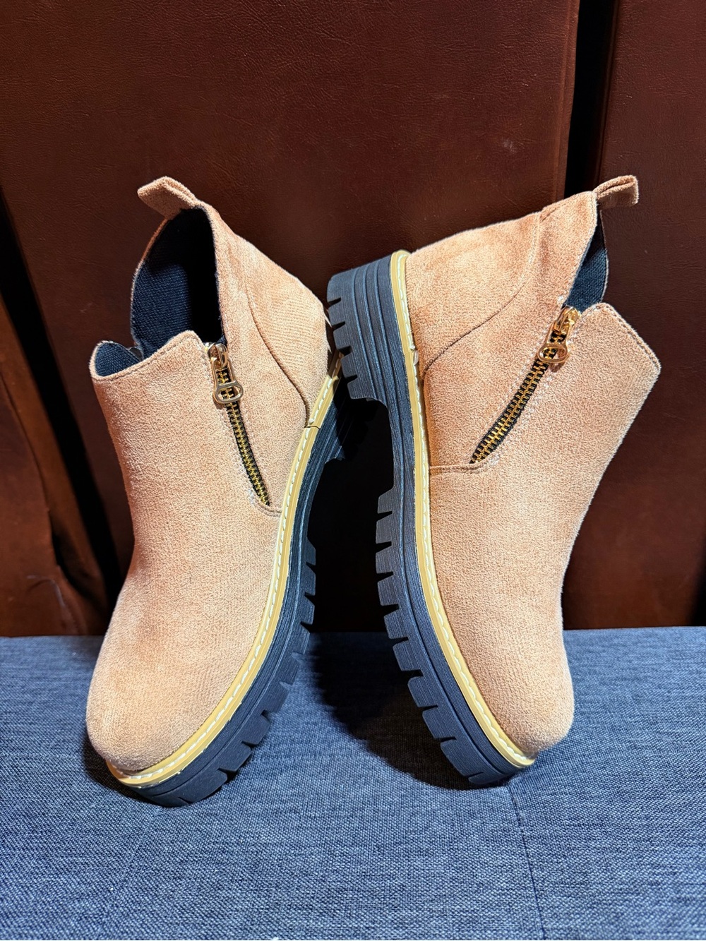 Suede Side-Zip Chunky Sole Booties in Tan (size 8- 8.5 ) - Picture 3 of 7